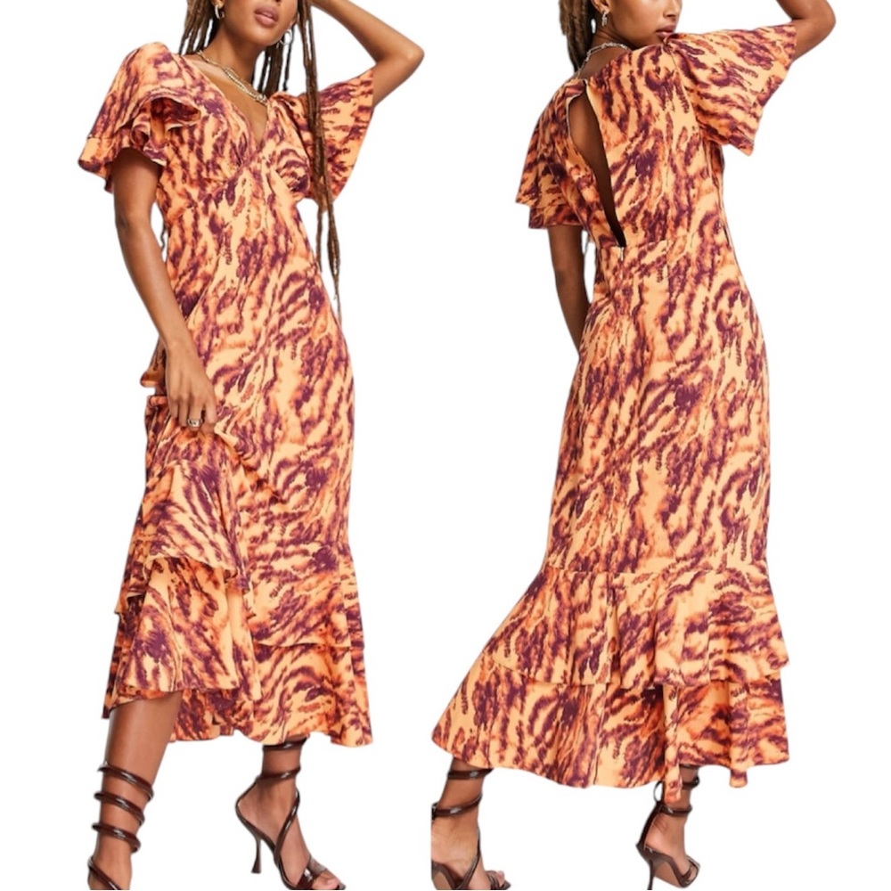New Topshop Zebra Print Ruffle Sleeve Cutout Back Midi Dress Orange Multi Size 2